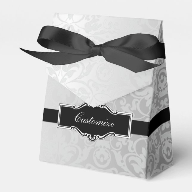 Personalized Silver & Black Damask Favor Box (Front Side)