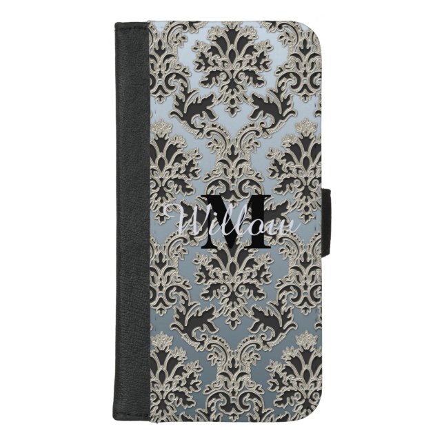 Personalized Silver Black Damask Wallet Phone Case (Front)