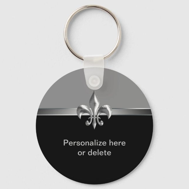 Personalized Silver Black Fleur de Lis Keychain (Front)