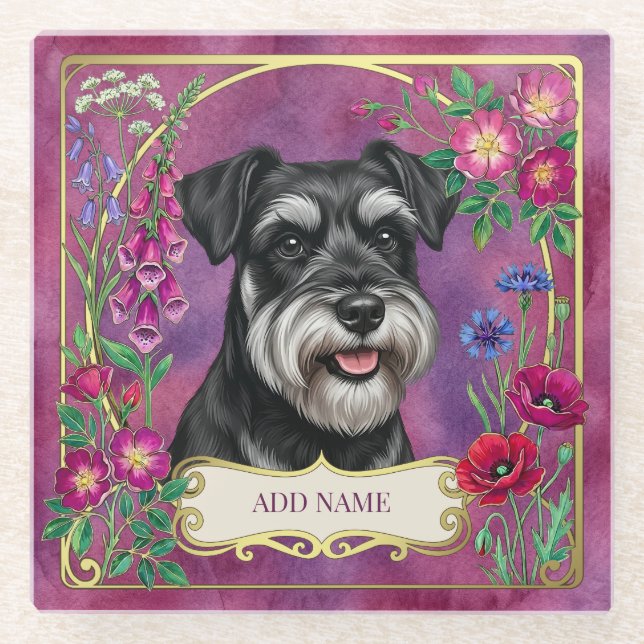 Personalized Silver & Black Schnauzer Pink Coaster (Front)