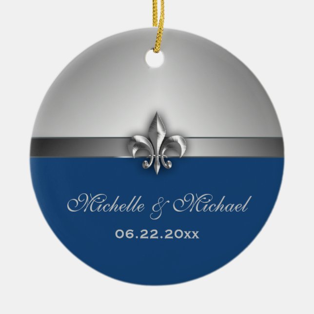 Personalized Silver Blue Fleur de Lis Ceramic Ornament (Front)