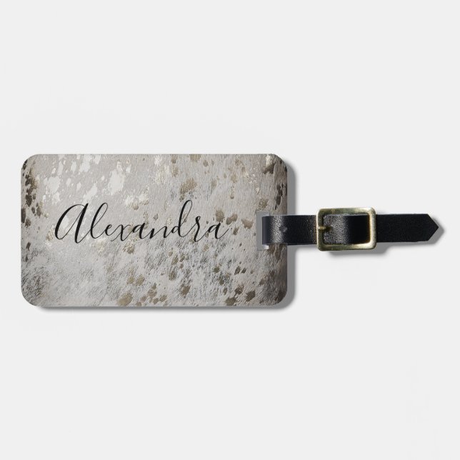 Personalized Silver Cowhide Print Luggage Tag (Front Horizontal)
