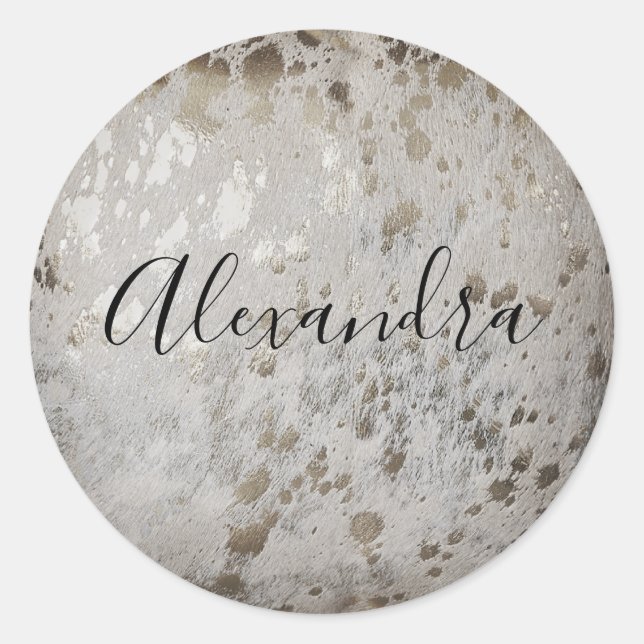Personalized Silver Cowhide Print Metallic Sticker (Front)