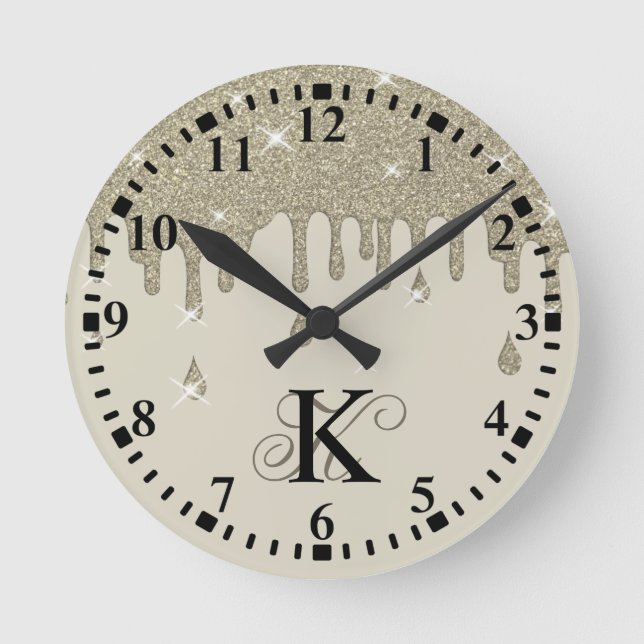 Personalized Silver Drip Glitter Effect & Sparkles Round Clock (Front)