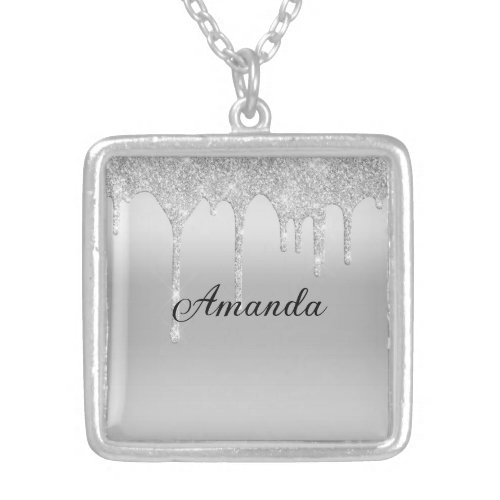 Personalized Silver Dripping Glitter Bridesmaid  Silver Plated Necklace