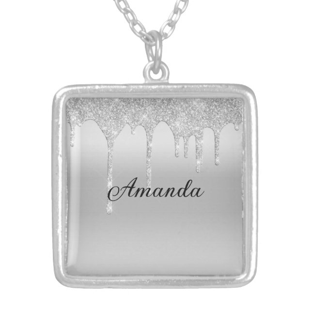 Personalized Silver Dripping Glitter Bridesmaid  Silver Plated Necklace (Front)