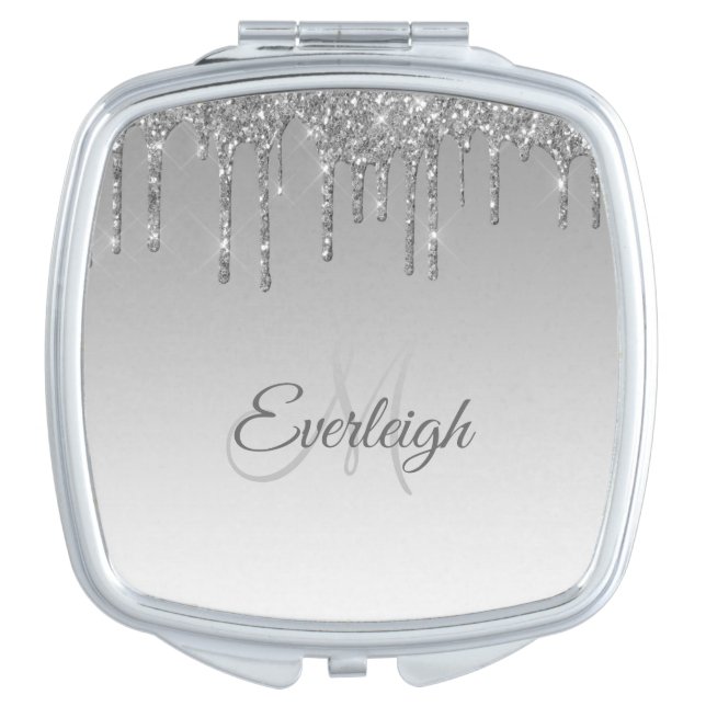 Personalized Silver Dripping Glitter Compact Mir Mirror (Front)