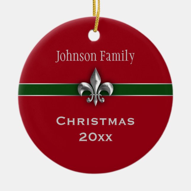 Personalized Silver Fleur de Lis Christmas Ceramic Ornament (Front)