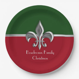 Personalized Silver Fleur de Lis Christmas Paper Plates