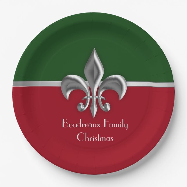Personalized Silver Fleur de Lis Christmas Paper Plates (Front)