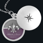 Personalized Silver Fleur de Lis Keepsake Locket Necklace<br><div class="desc">This Personalized Sliver Fleur de Lis Keepsake locket features a beautiful imitation brushed metal Fleur de Lis symbol on a gray and eggplant purple background with room to personalize with your name(s) and your special date.</div>