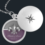 Personalized Silver Fleur de Lis Keepsake Locket Necklace<br><div class="desc">This Personalized Sliver Fleur de Lis Keepsake locket features a beautiful imitation brushed metal Fleur de Lis symbol on a gray and eggplant purple background with room to personalize with your name(s) and your special date.</div>