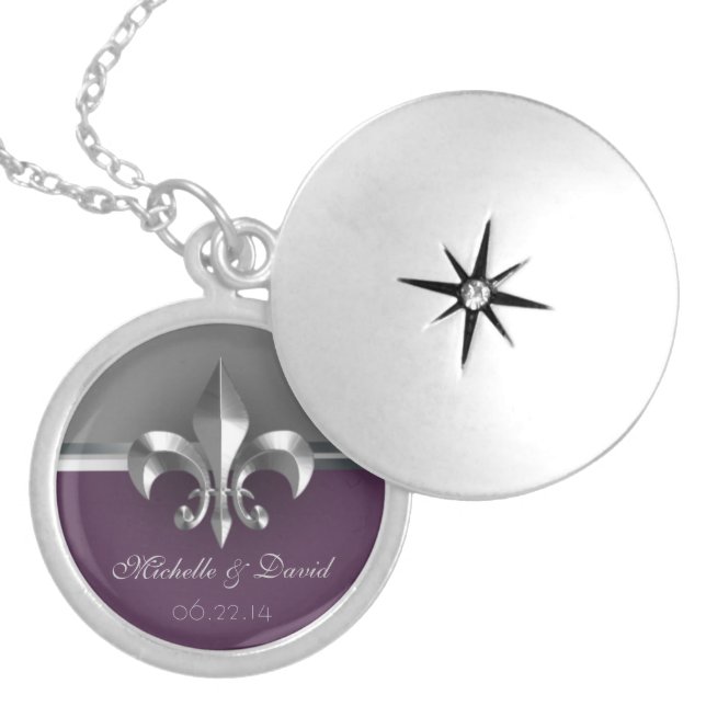 Personalized Silver Fleur de Lis Keepsake Locket Necklace (Front)