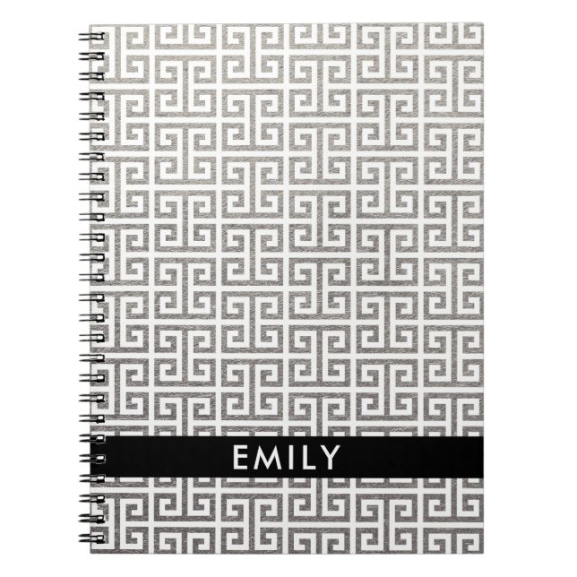 Personalized Silver Foil and White Greek Key Notebook (Front)