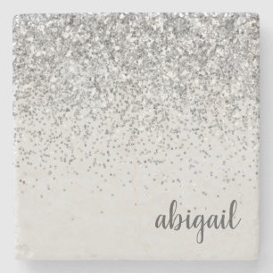 Personalized Silver Girly Glitter Sparkle Modern Stone Coaster