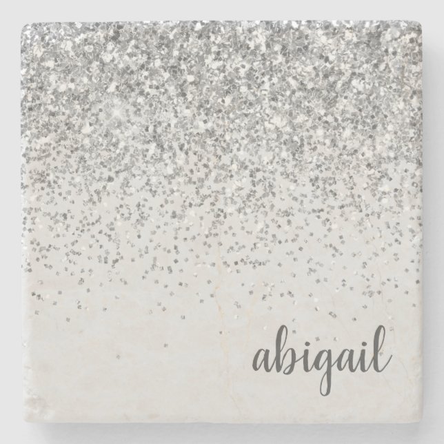 Personalized Silver Girly Glitter Sparkle Modern Stone Coaster (Front)