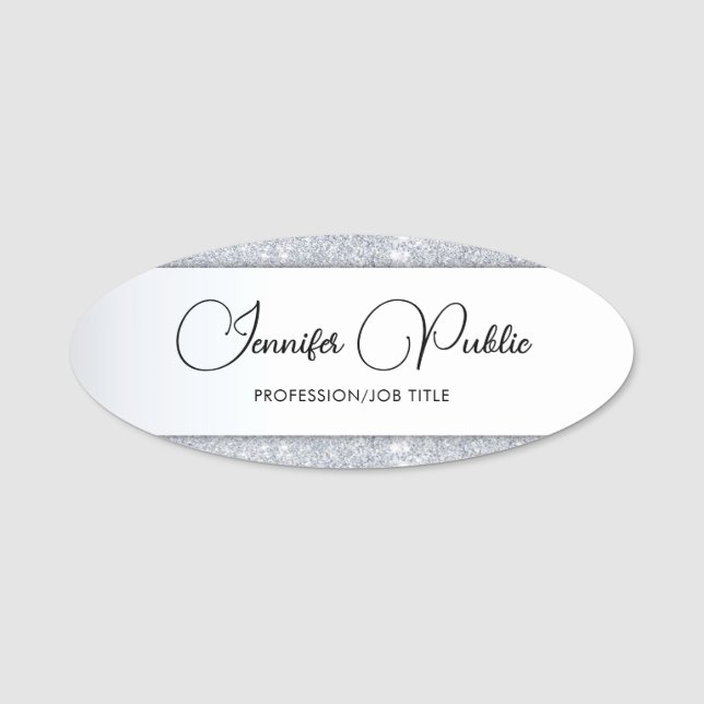 Personalized Silver Glitter Calligraphy Template Name Tag (Front)