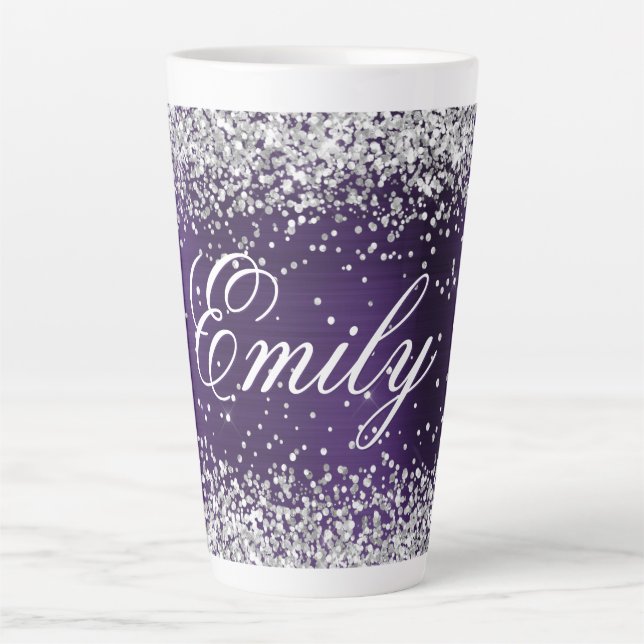 Personalized Silver Glitter Dark Violet Foil Latte Mug (Front)