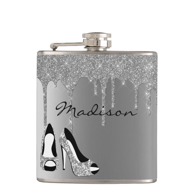 Personalized Silver Glitter Drips Heels Shoes Flask (Front)