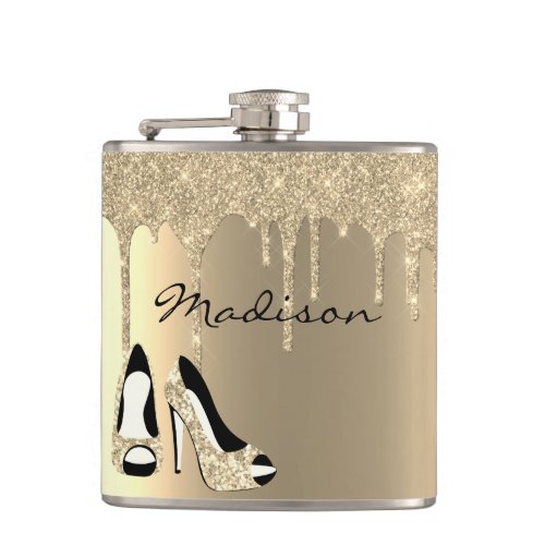 Personalized Silver Glitter Drips Heels Shoes  Flask