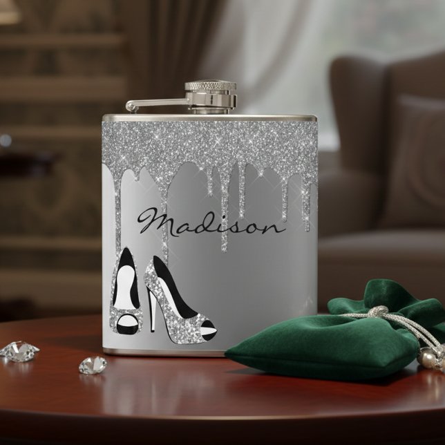 Personalized Silver Glitter Drips Heels Shoes Flask (Creator Uploaded)
