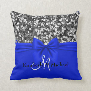 Personalized Silver Glitter Elegant Blue Bow Throw Pillow