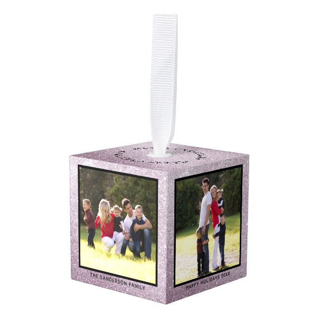 Personalized Silver Glitter Family Holiday Photo Cube Ornament (Front Angled)