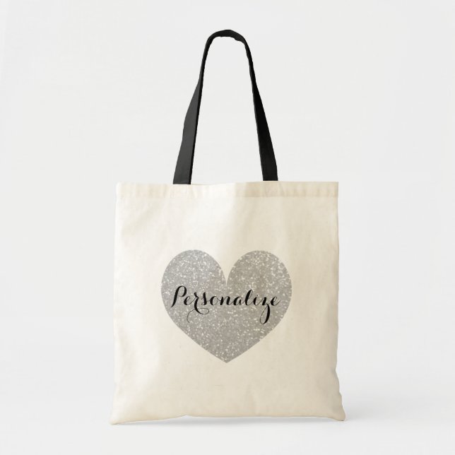 Personalized silver glitter heart design tote bag (Front)