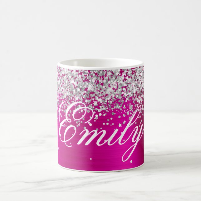 Personalized Silver Glitter Hot Pink Foil Coffee Mug (Center)
