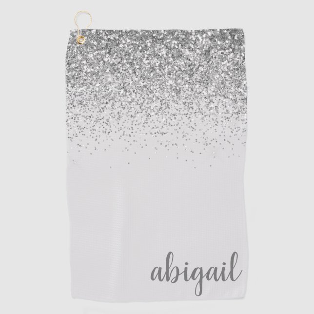 Personalized Silver Glitter Modern Monogram Name Golf Towel (Front)
