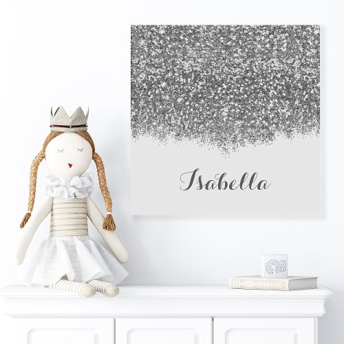 Personalized Silver Glitter Name Art Faux Canvas Print