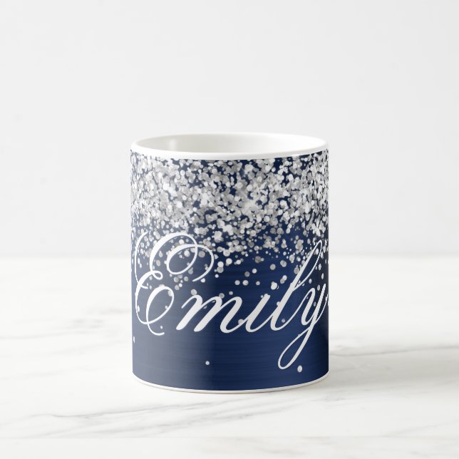 Personalized Silver Glitter Navy Blue Foil Coffee Mug (Center)