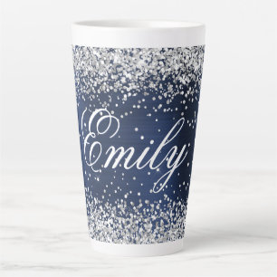 Personalized Silver Glitter Navy Blue Foil Latte Mug