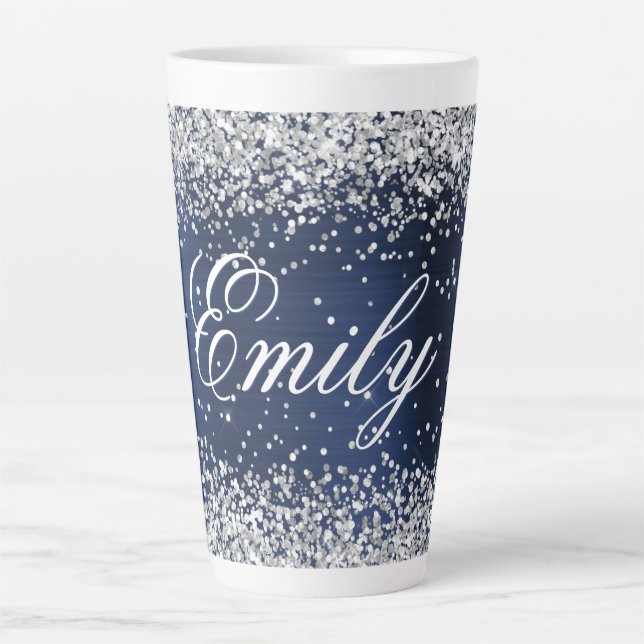 Personalized Silver Glitter Navy Blue Foil Latte Mug (Front)