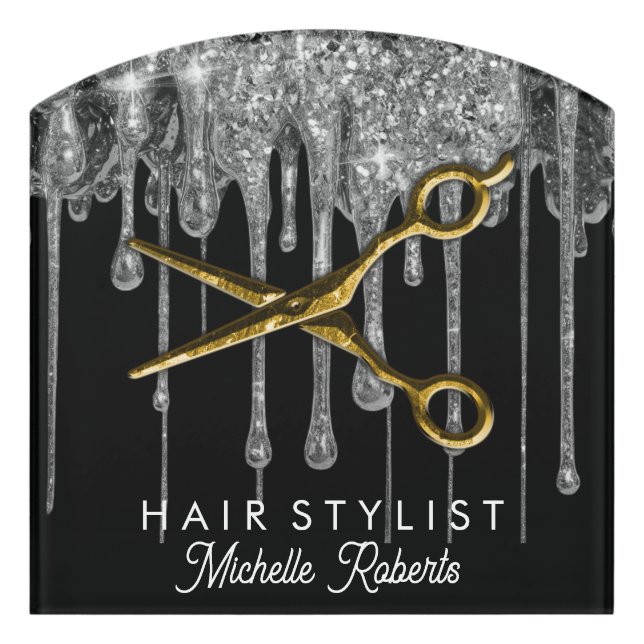 Personalized silver Glitter Scissors Hair Salon    Door Sign (Contour Front)