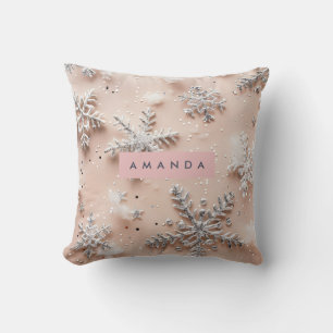 Personalized Silver Glitter Snowflake Throw Pillow