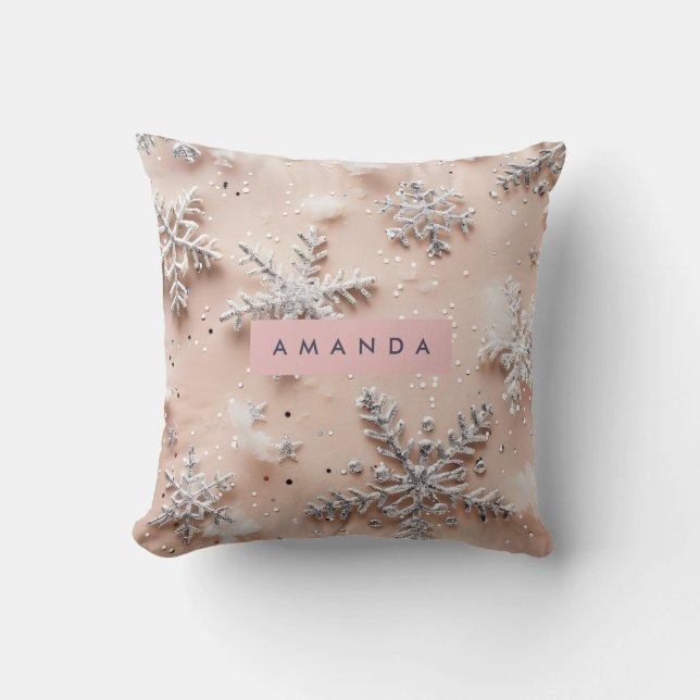 Personalized Silver Glitter Snowflake  Throw Pillow (Front)