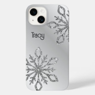 Personalized Silver Glitter Snowflakes on Silver Case-Mate iPhone 14 Case