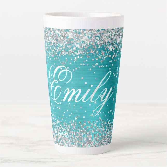Personalized Silver Glitter Turquoise Blue Foil Latte Mug (Front)