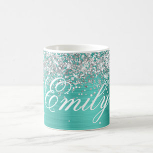Personalized Silver Glitter Turquoise Foil Coffee Mug