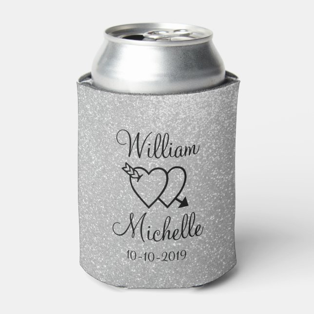 Personalized silver glitter wedding can coolers (Can Front)