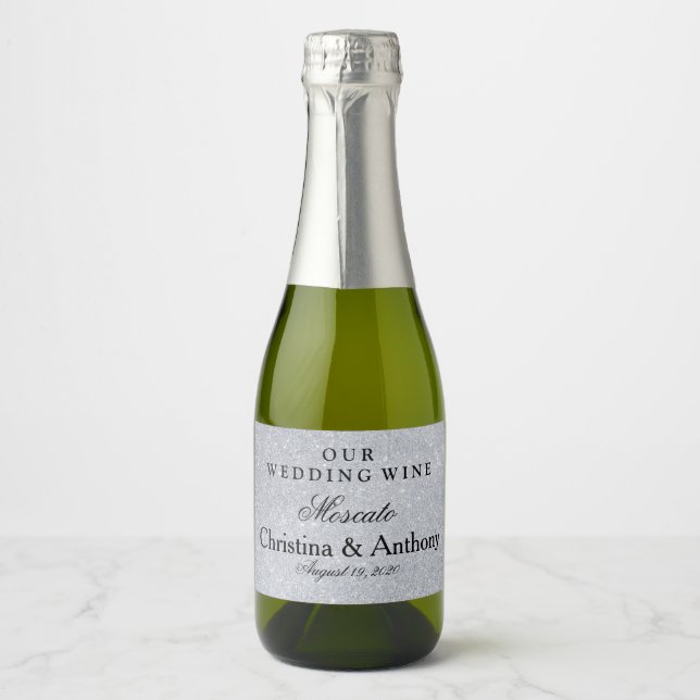 Personalized Silver Glitter Wedding Favor Mini Sparkling Wine Label (Front)