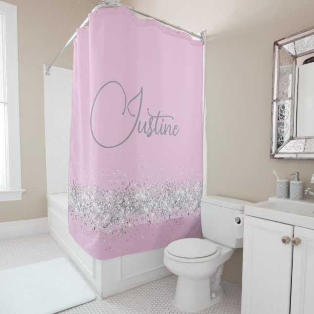 Personalized Silver Glittery  Edging  on Pink Shower Curtain (In Situ)