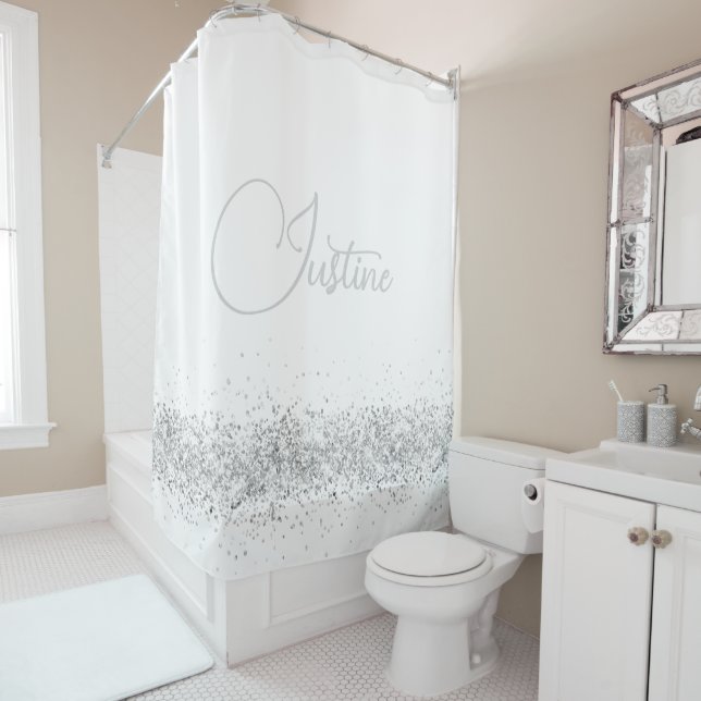 Personalized Silver Glittery  Edging  on White Shower Curtain (In Situ)
