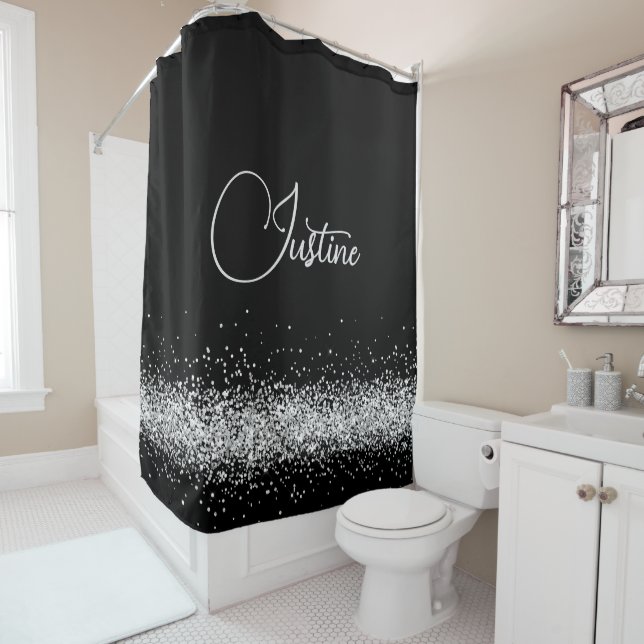 Personalized Silver Glittery Glam Edging on Black Shower Curtain (In Situ)