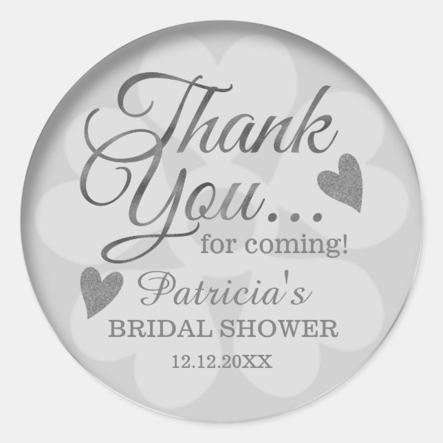 Personalized Silver Gray Bridal Shower Thank You Classic Round Sticker (Front)