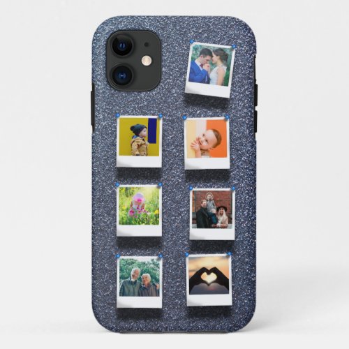 Personalized Silver Grey Glitter 7 Photo Collage iPhone 11 Case