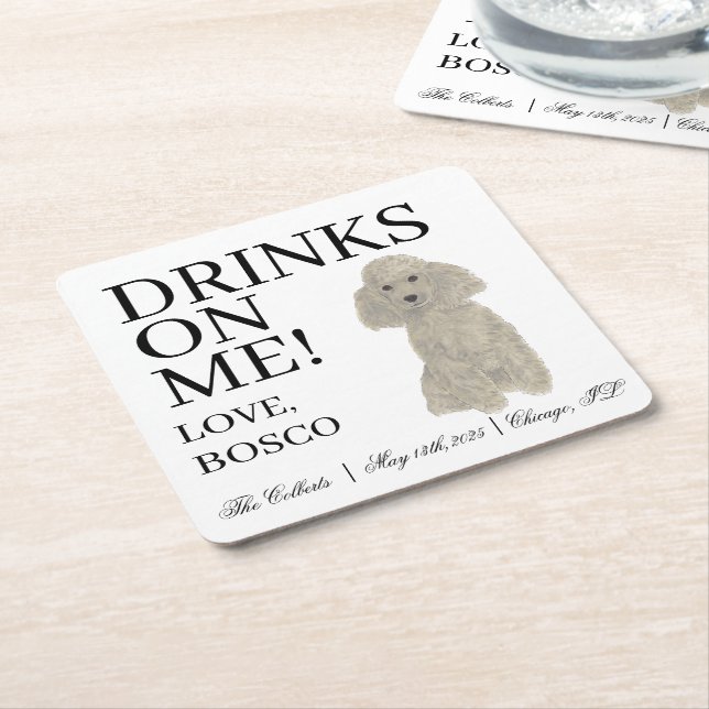 Personalized Silver Grey Poodle Dog Wedding Square Paper Coaster (Angled)