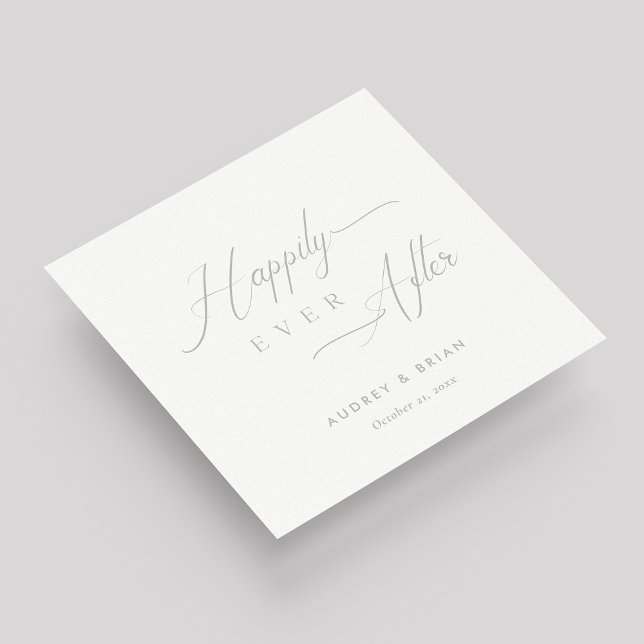 Personalized Silver 'Happily Ever After' Wedding Napkins (Silver on White "Happily Ever After" Wedding Napkins)