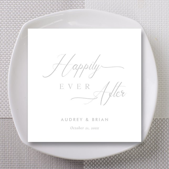 Personalized Silver 'Happily Ever After' Wedding Napkins (Silver on White Happily Ever After Wedding Napkins)